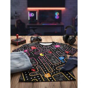 Pac Man Arcade Game Retro Graphic T-Shirt Crewneck Short Sleeve Casual Wear